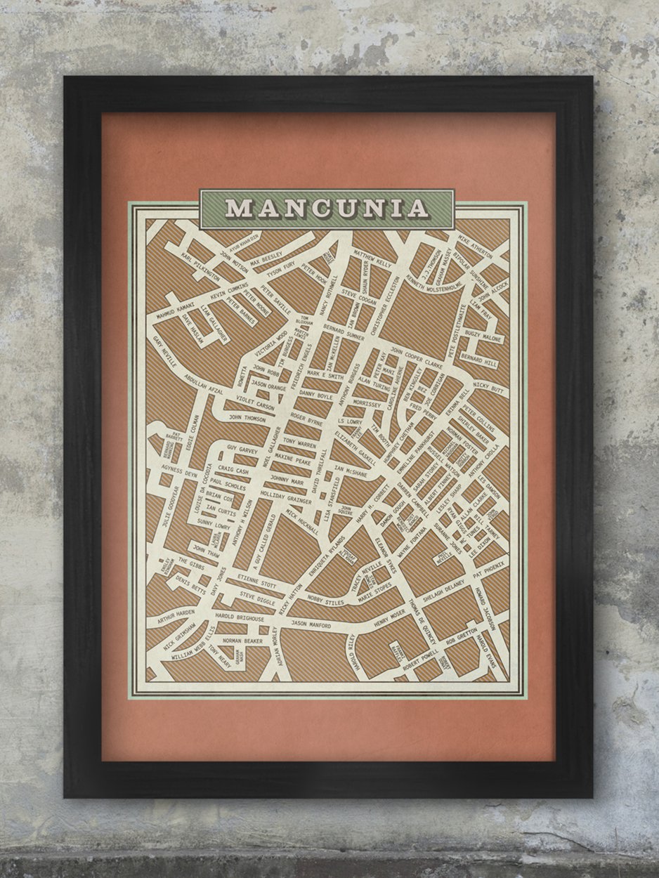 Mancunia - Famous Names Street Map Print